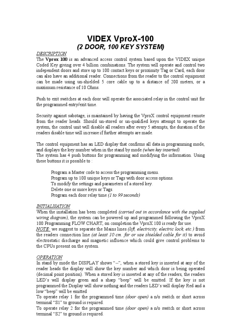 Videx VproX-100 Access Control Guide | PDF