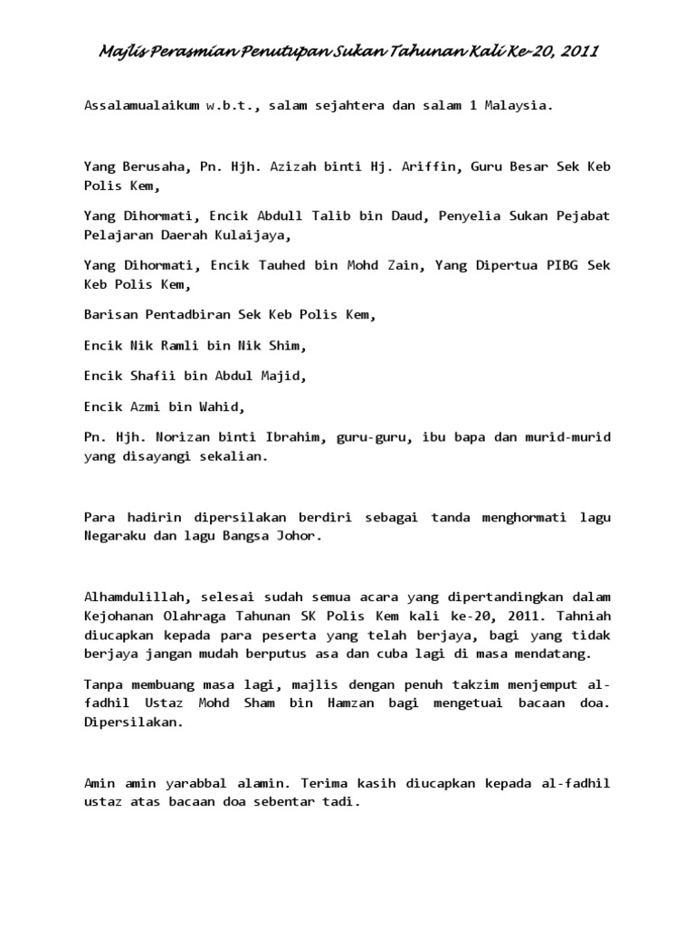 Skrip Majlis Perasmian Penutup Sukan Pdf