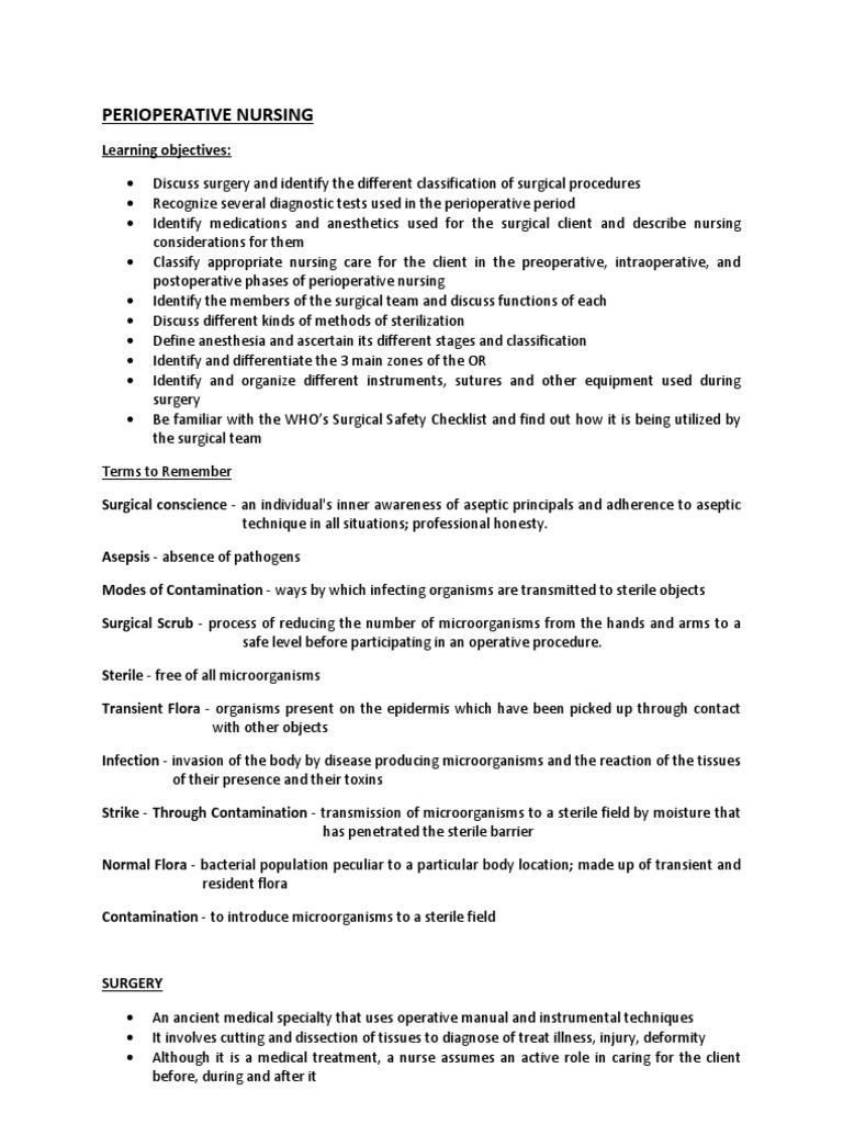 Perioperative Nursing Overview | PDF | Surgery | Anesthesia
