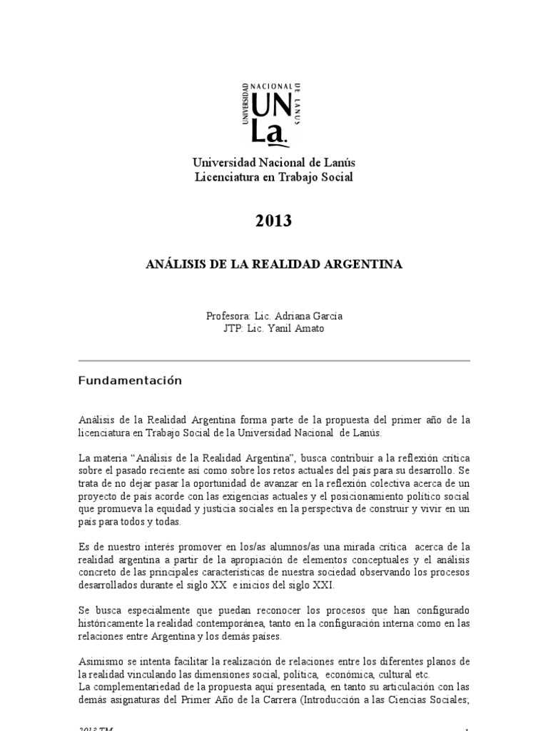 Análisis Crítico de la Realidad Argentina | PDF | Trabajo Social ...
