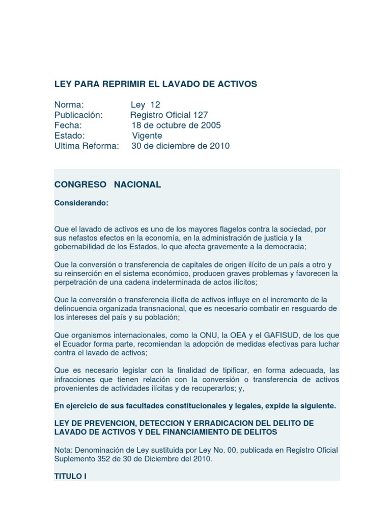 Ley Lavado de Activos | PDF | Lavado de dinero | Delito