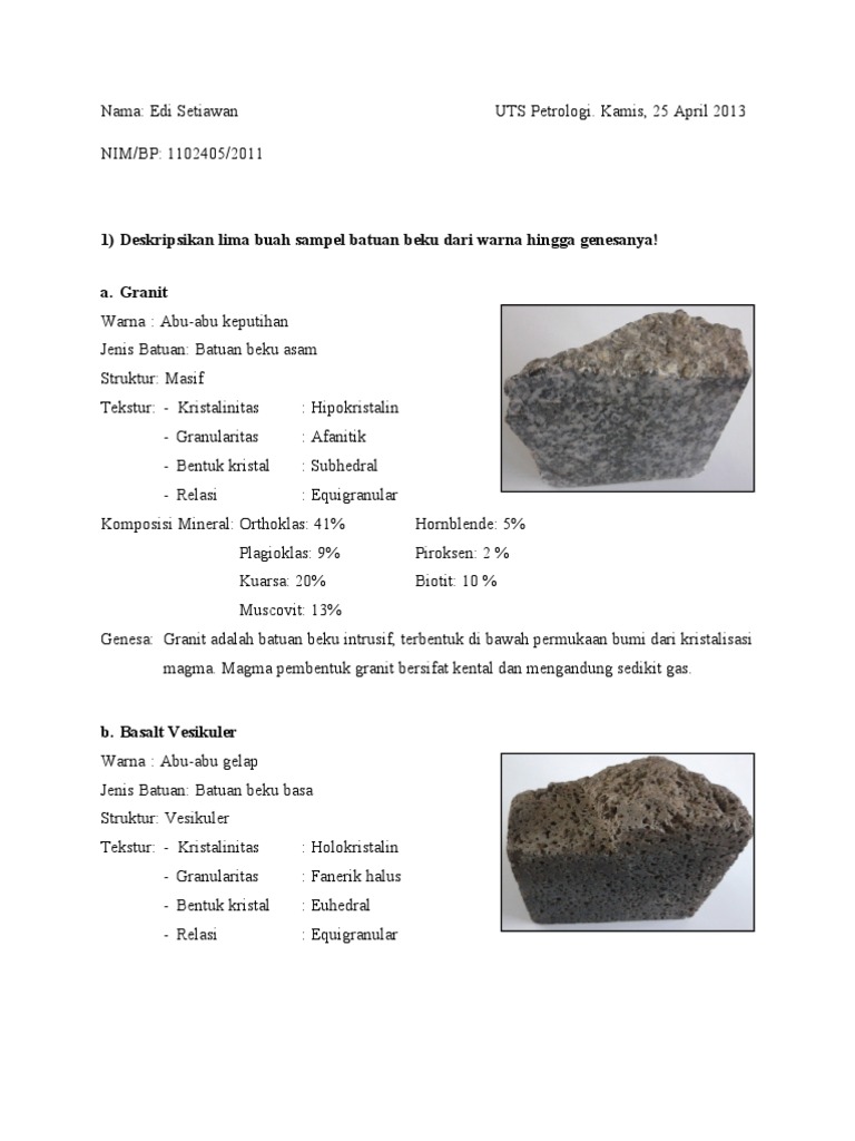  Deskripsi  5 Batuan  dan 10 Mineral Umum Pembentuk Batuan 