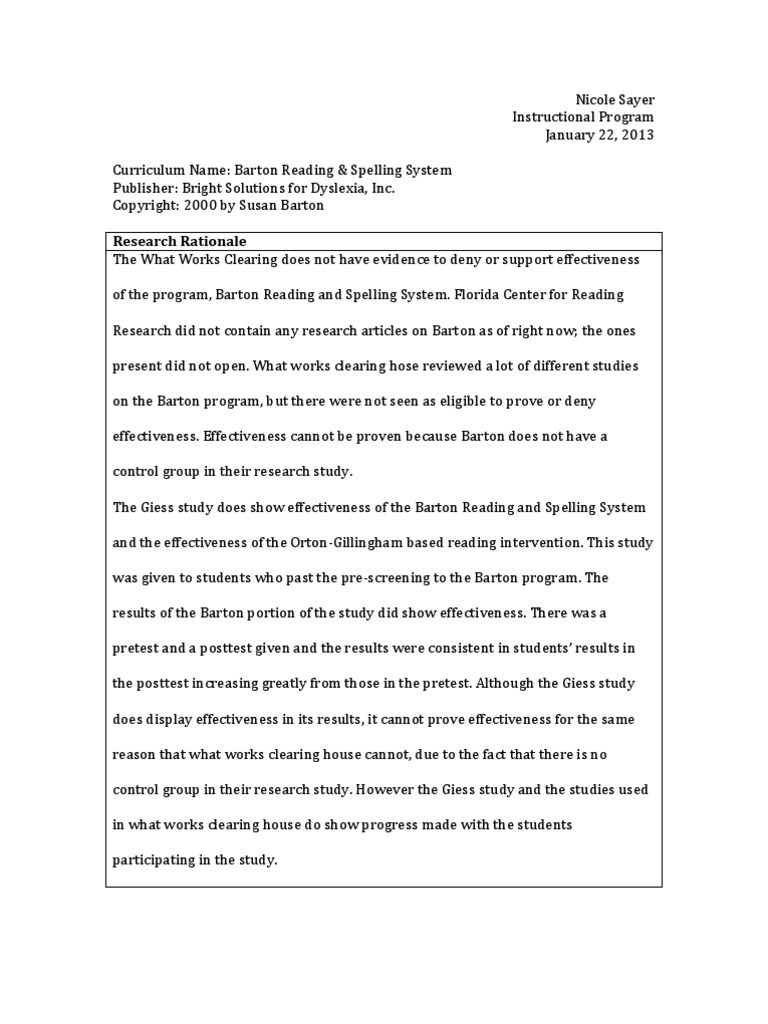 Barton Reading Program PDF Reading (Process) Spelling