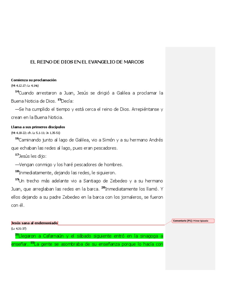 El Reino de Dios en El Evangelio de Marcos 1 | PDF | Contenido del ...
