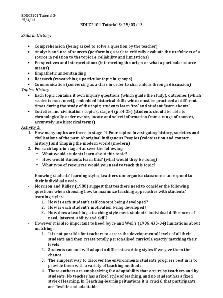 EDUC2101 Tutorial 3 | PDF | Learning Styles | Reading Comprehension