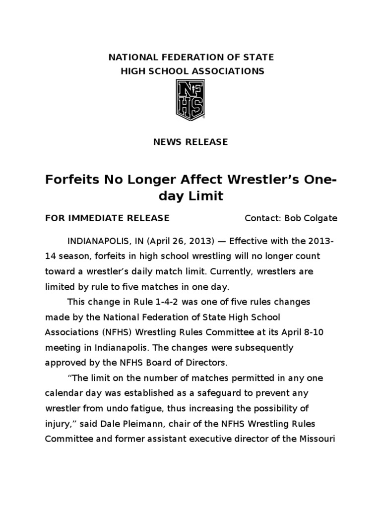 201314 Wrestling Rules Press Release PDF Sports Schools