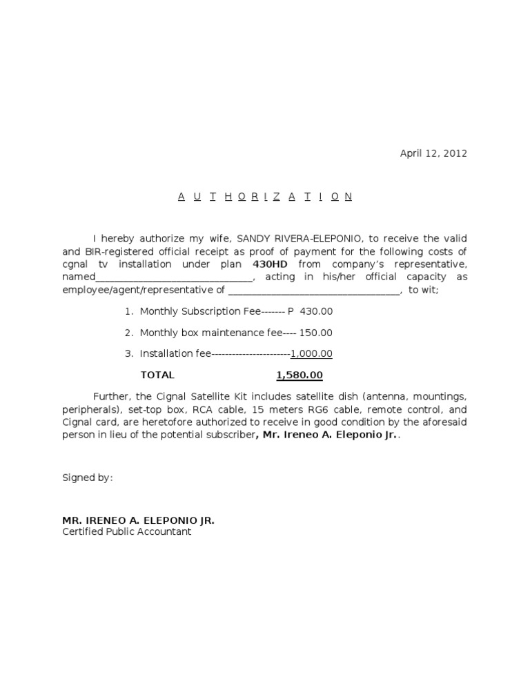 Authorization for Cignal TV Installation | PDF