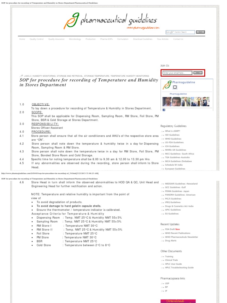 SOP for Procedure for Recording of Temperature and Humidity in Stores