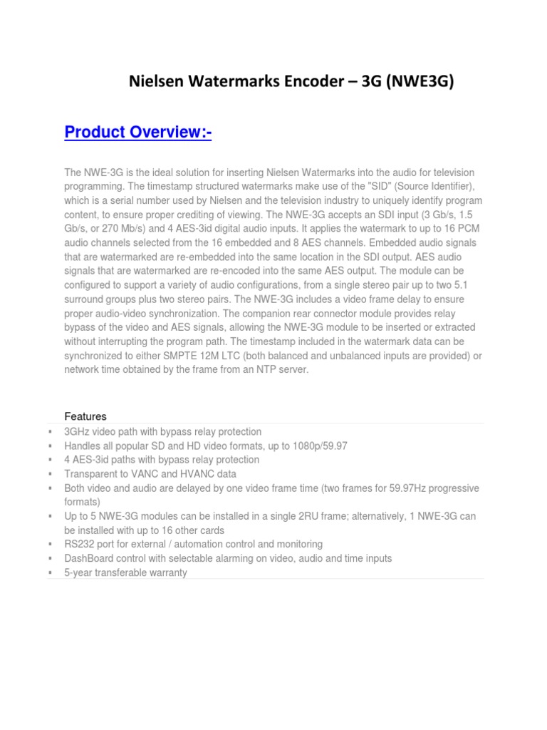 Nielsen Watermarks Encoder - 3G (NWE3G) : Product Overview | PDF ...