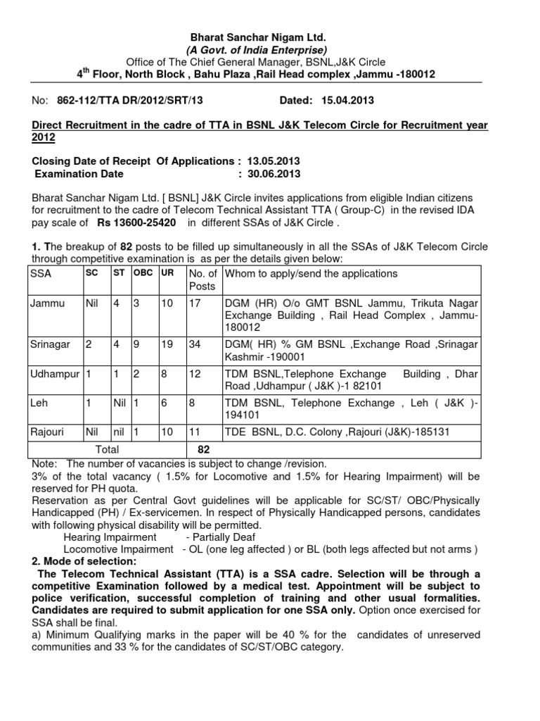 BSNL - Recruitment of Telecom Technical Asst For J & K Telecom Circle | PDF