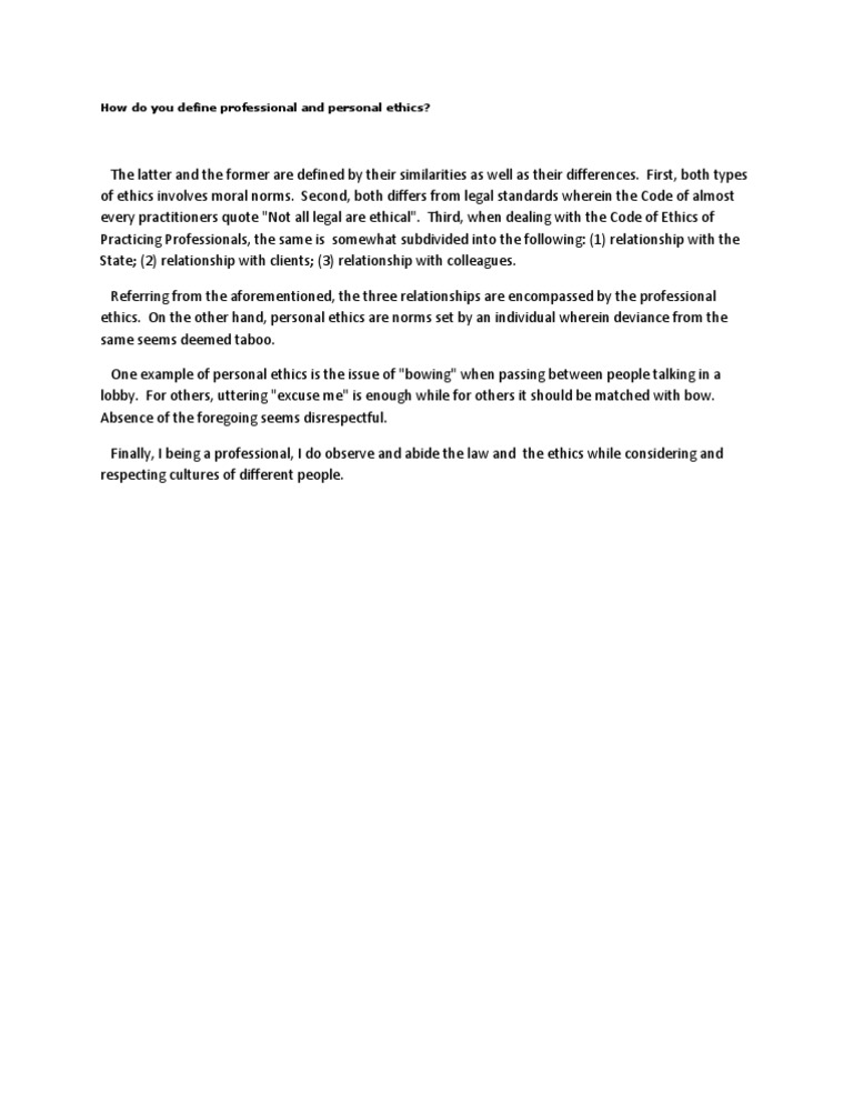 Personal vs. Professional Ethics Essay PDF
