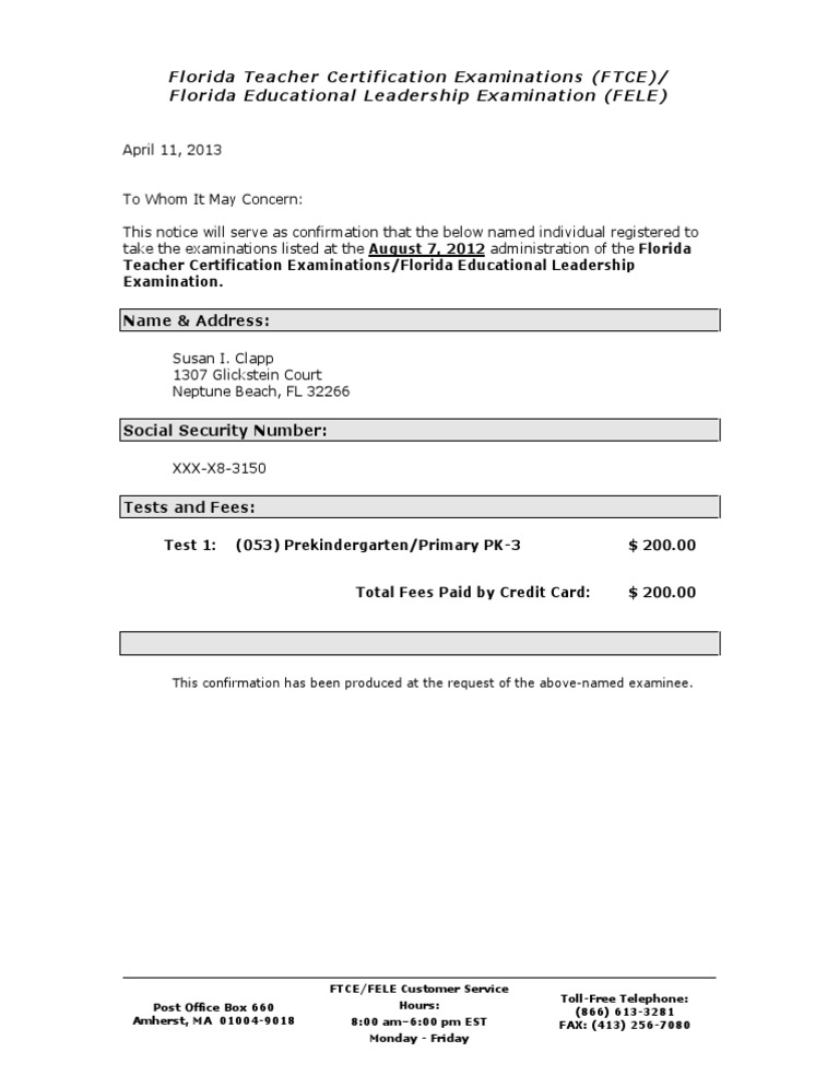 FTCE/FELE Exam Registration Confirmation | PDF | Career & Growth ...