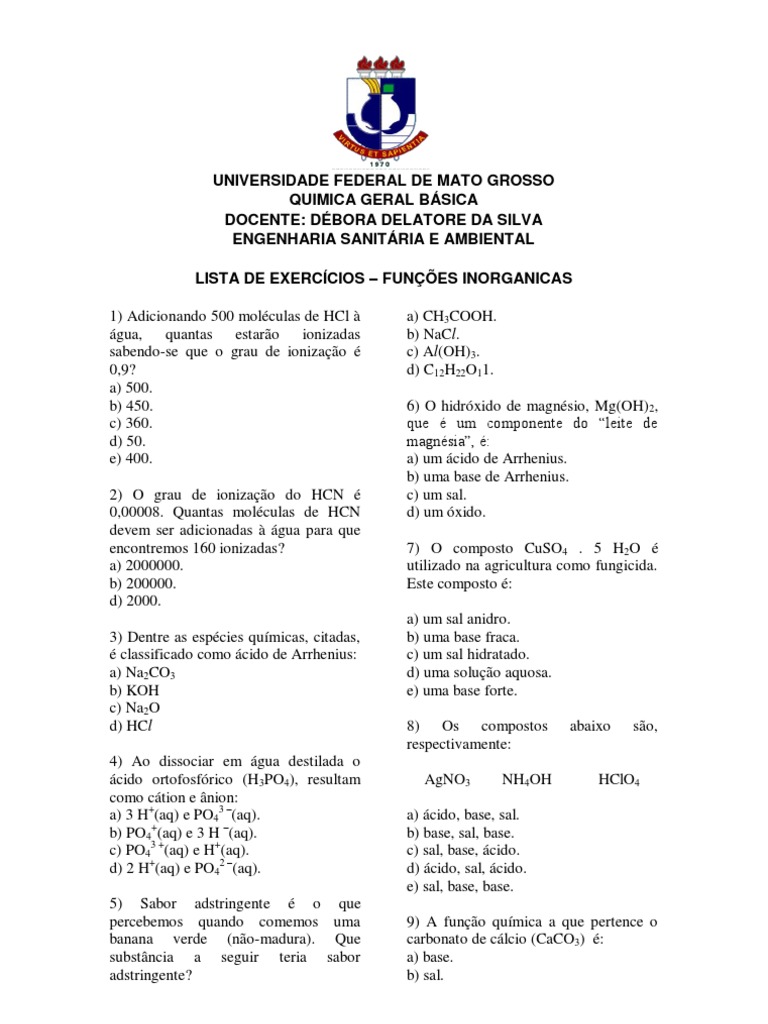 Lista de exercicios- FUNÇÕES INORGANICAS