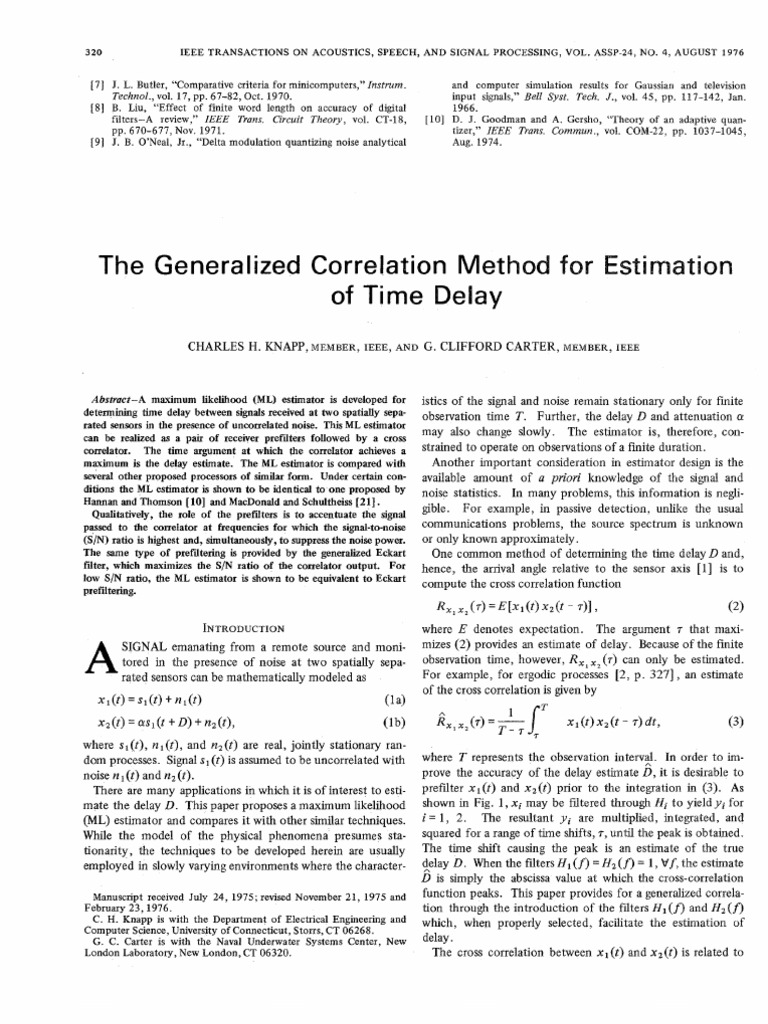 Knapp-Carter 1976 Time Delay Estimation | PDF | Spectral Density ...