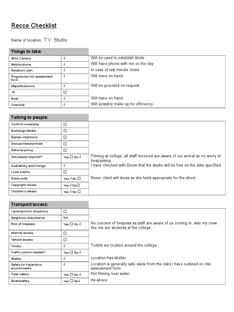 Recce Checklist:: T.V. Studio | PDF