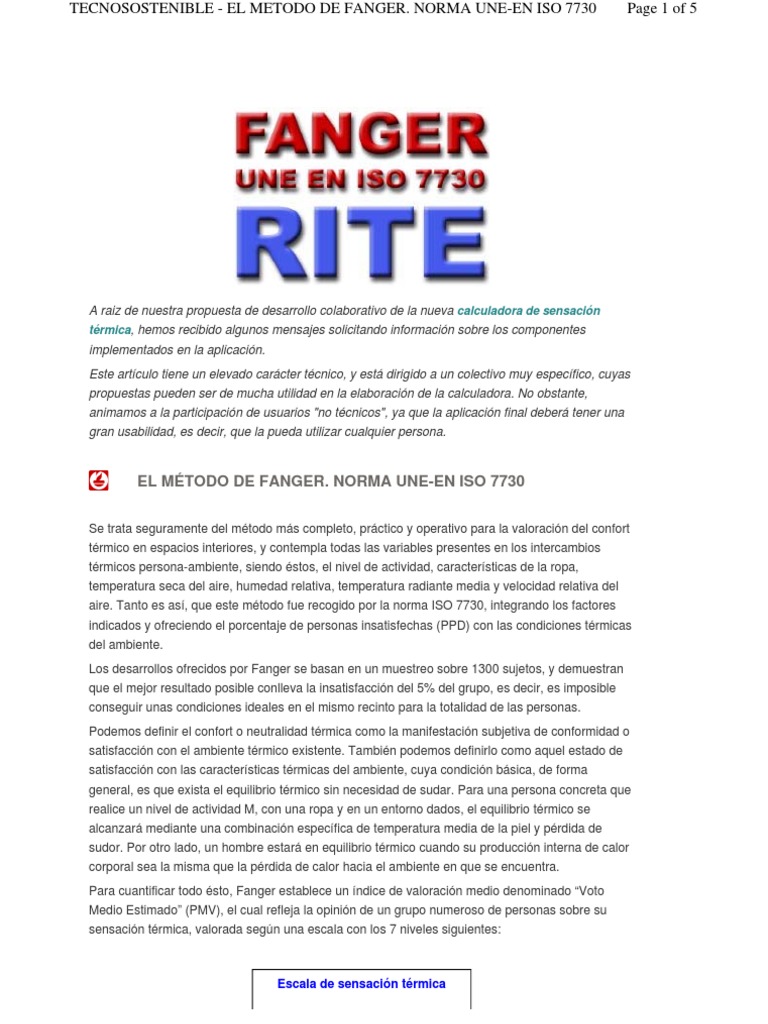 Método de Fanger y Norma ISO 7730 | PDF | Calor | Mecánica de Medios ...