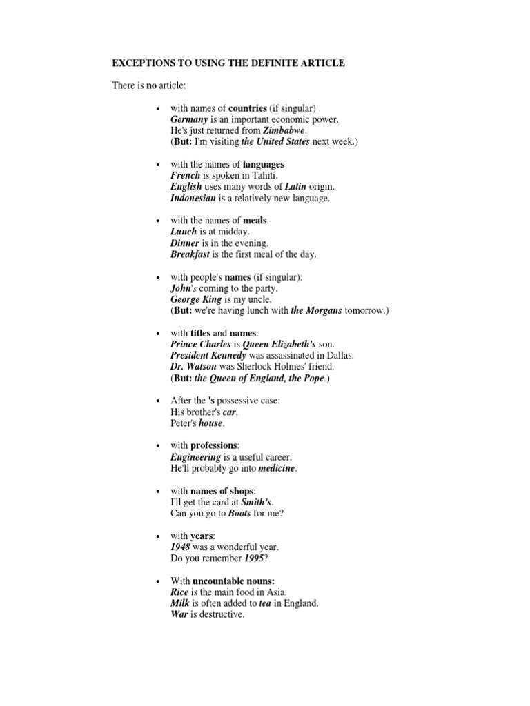 Exceptions To Using The Definite Article | PDF