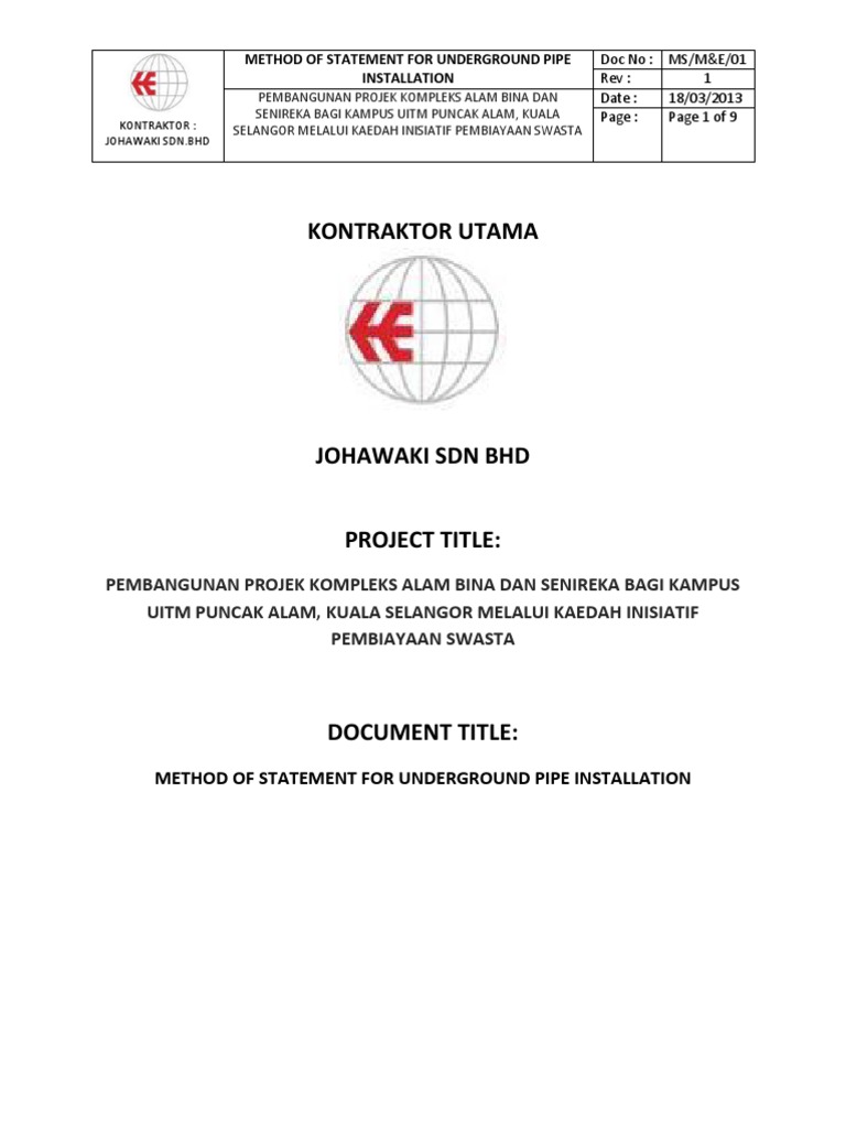 Underground Pipe Installation Method Statement PDF