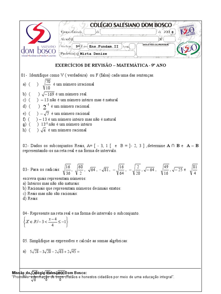 Exercicios de Revisao Matematica 9 Ano | PDF | Número real | Números