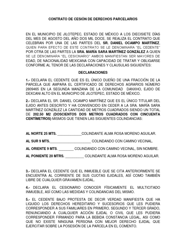 CONTRATO DE CESIÓN DE DERECHOS PARCELARIOS