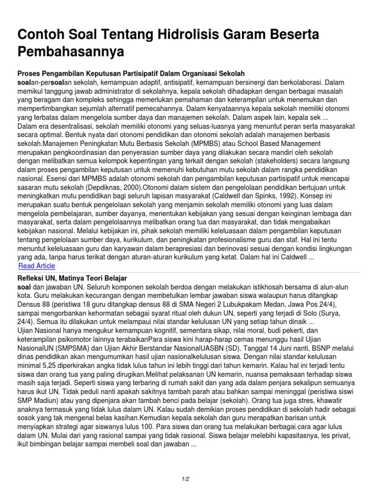 Contoh Soal Tentang Hidrolisis Garam Beserta Pembahasannya