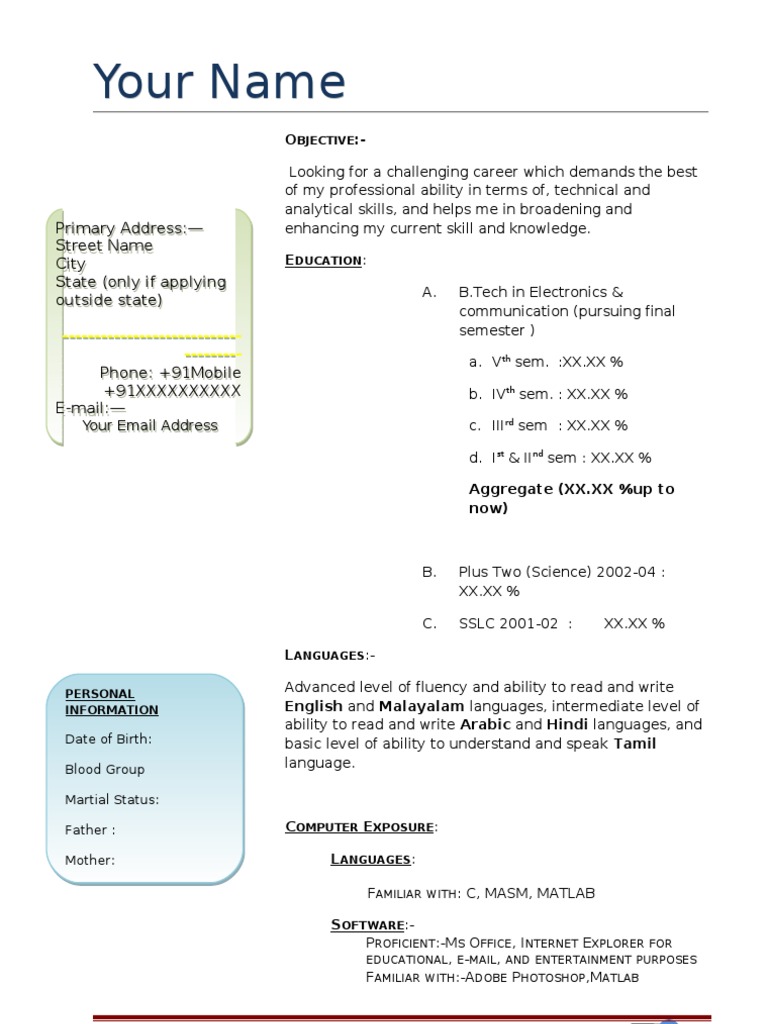 Resume Electronics and Engineer Fresher