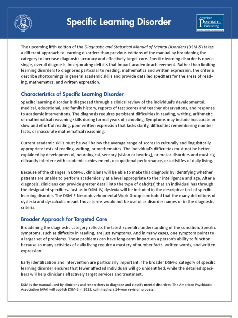 Dsm 5 Specific Learning Disorder Fact Sheet Learning Disability Dsm 5