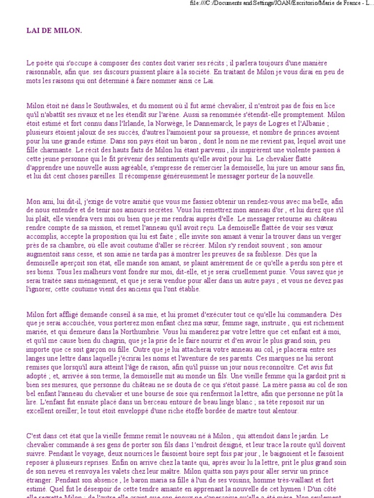 Les Lais De Marie De France Pdf Gratuit Marie de France - Lai de Milon | PDF | Chevalerie | Amour