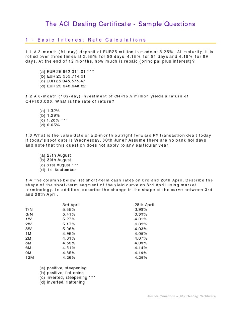ACI Dealing Certificate Sample Questions | PDF | Repurchase Agreement ...