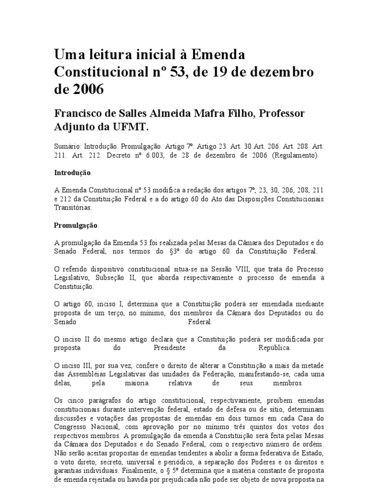 Uma leitura inicial à Emenda Constitucional