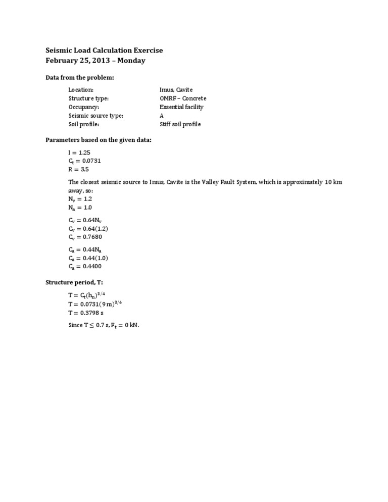 Seismic Load Calculation Exercise | PDF