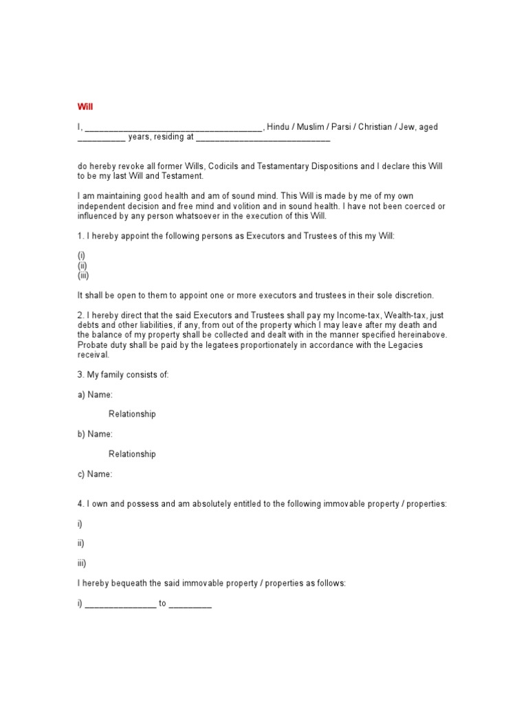 Draft Will Format Will And Testament Trustee