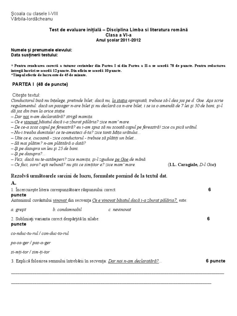 Test Clasa A 6a 20112012 | PDF