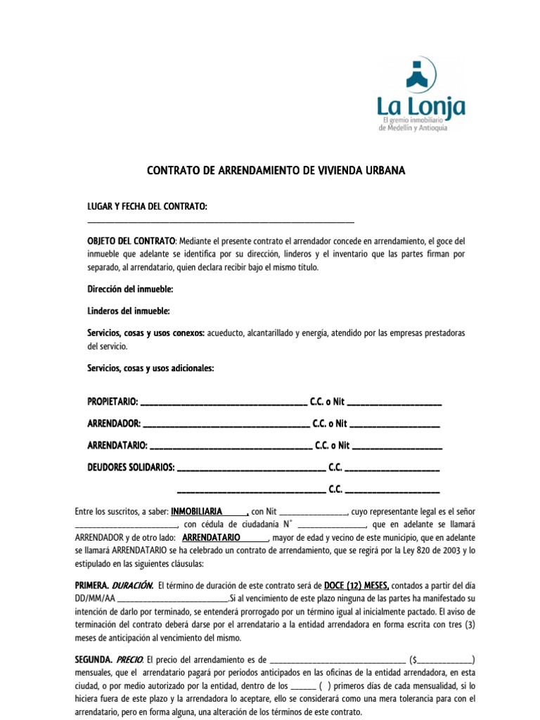 Modelo Contrato de Arrendamiento de Vivienda Urbana (2) Alquiler Pagos