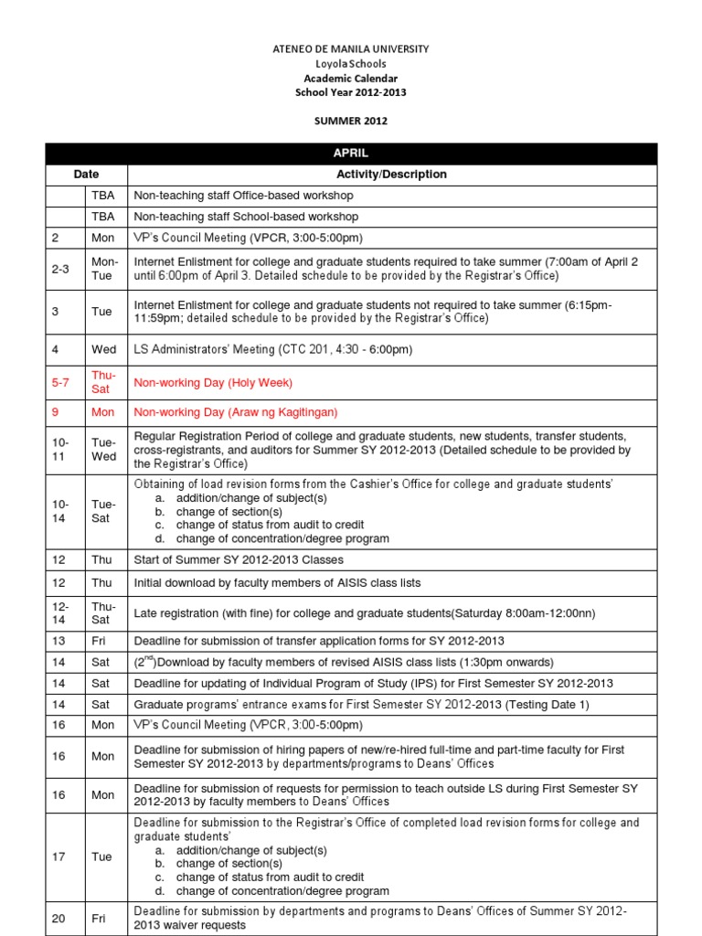 ADMU Academic Calendar 20112012 Graduate School Postgraduate Education