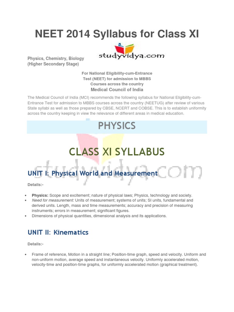 NEET Syllabus For Class XI | PDF | Force | Heat