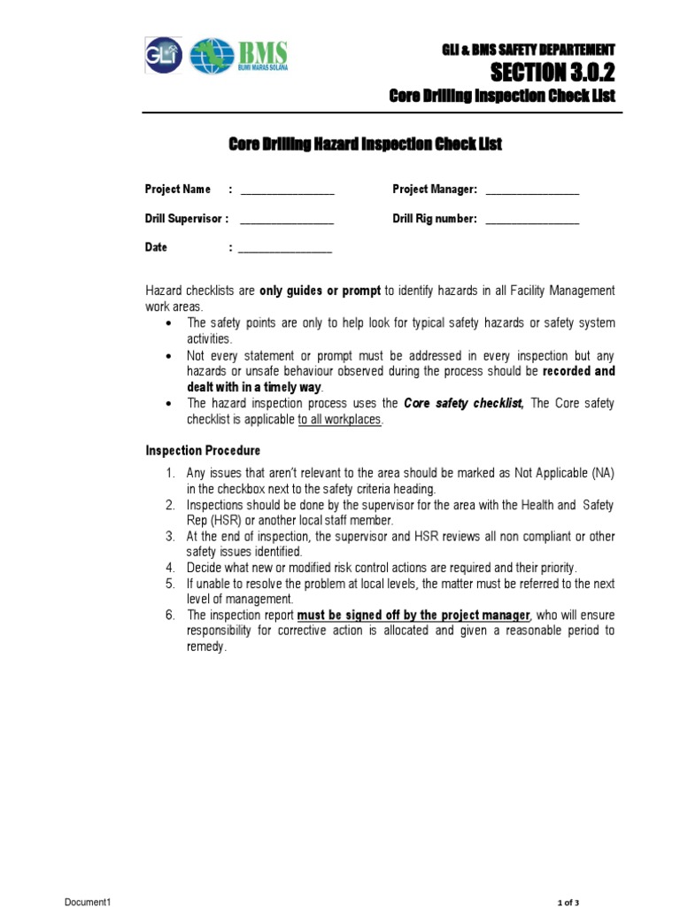 Core Drilling Safety Inspection Checklist | PDF | Personal Protective ...