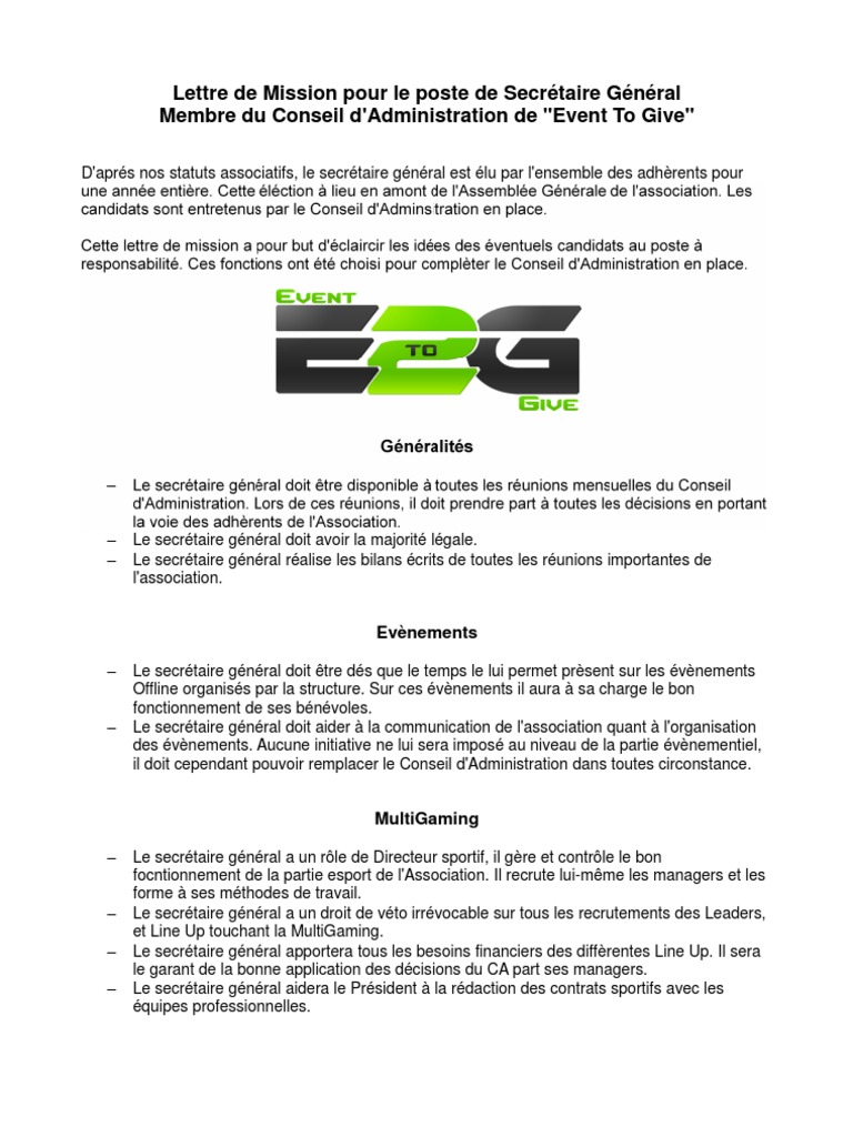 Lettre de Mission Secretaire General  Politique 