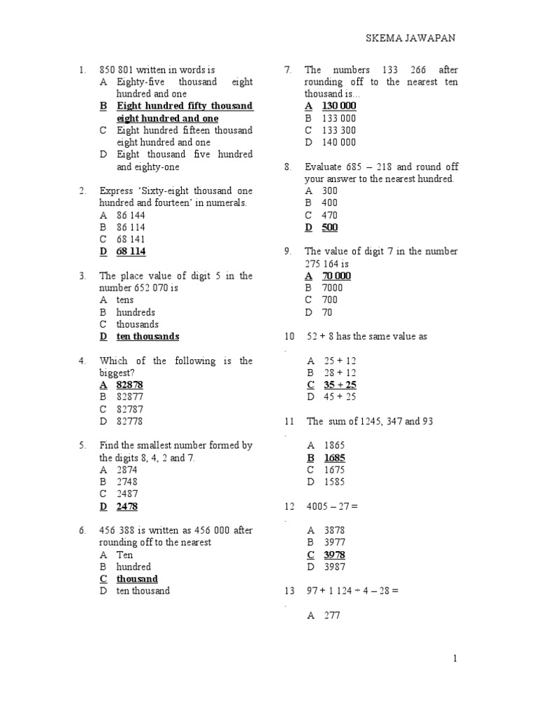Soalan Peperiksaan Matematik Tingkatan 1 Kertas 1 Skema Jawapan Pdf