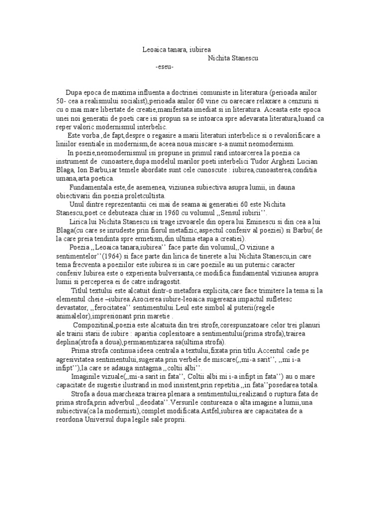 Leoaica Tanara Iubirea Comentariu