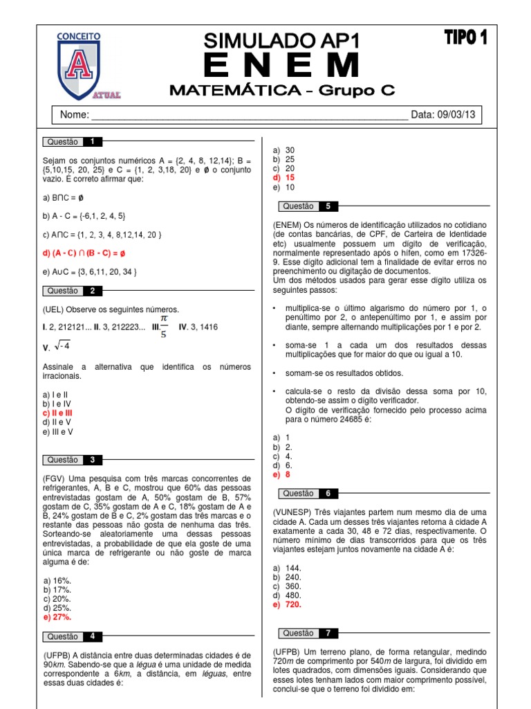 Ap1 Simulado Enem Matematica t1 Gabarito | PDF | Matriz (Matemática ...