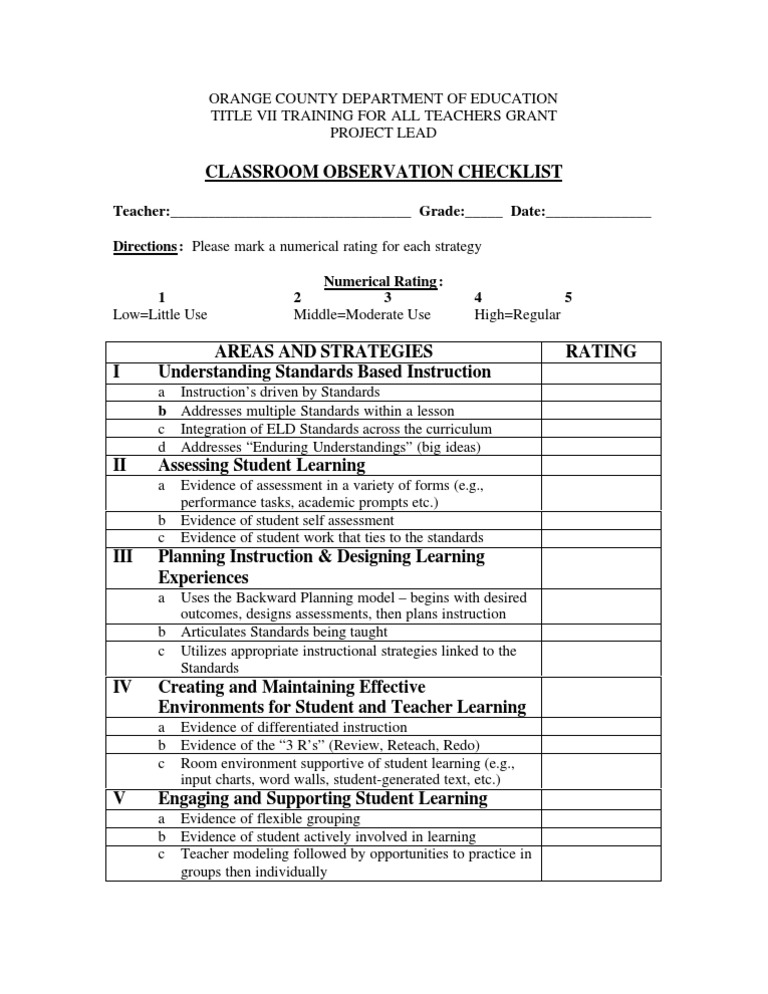 Teacher Observation Checklist Template | PDF | Business | Art