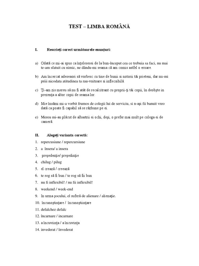 TEST Limba Romana 2 | PDF