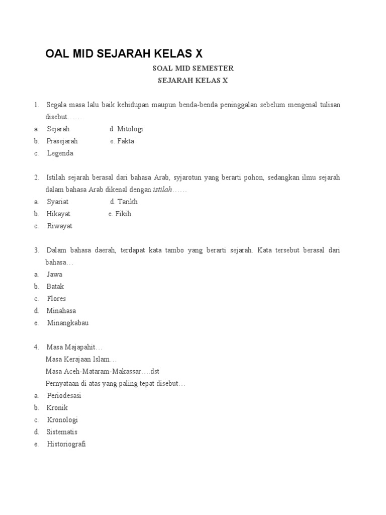Soal Mid Sejarah Kelas x