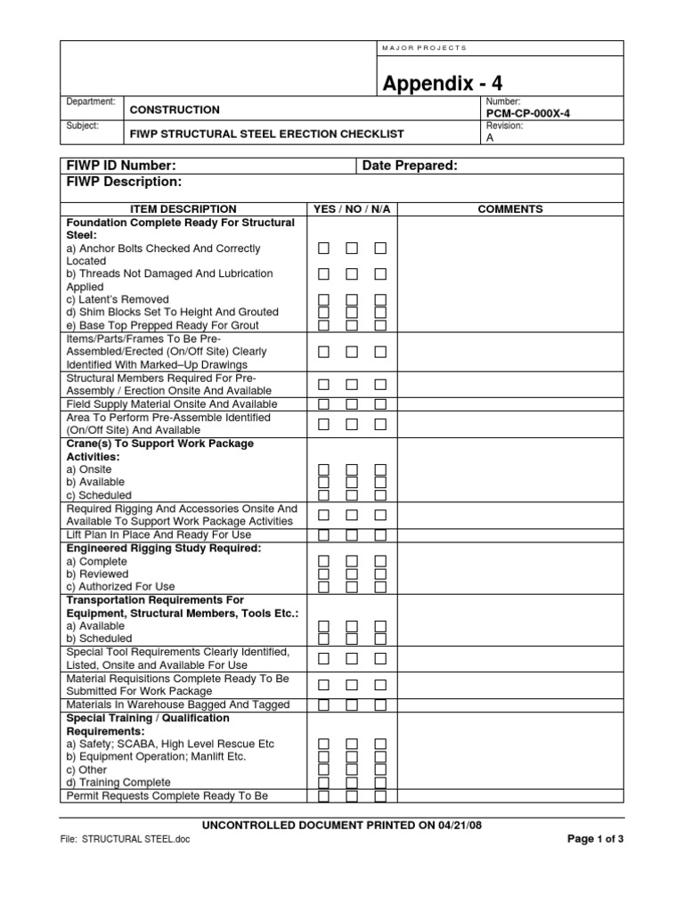 FIWP Steel Erection Checklist | PDF | Specification (Technical Standard ...