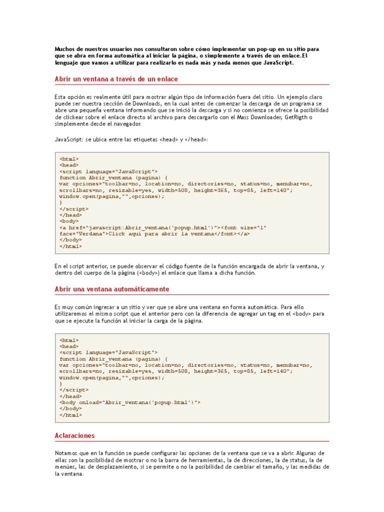 Info de POP UP y Rollover PDF Script Java HTML