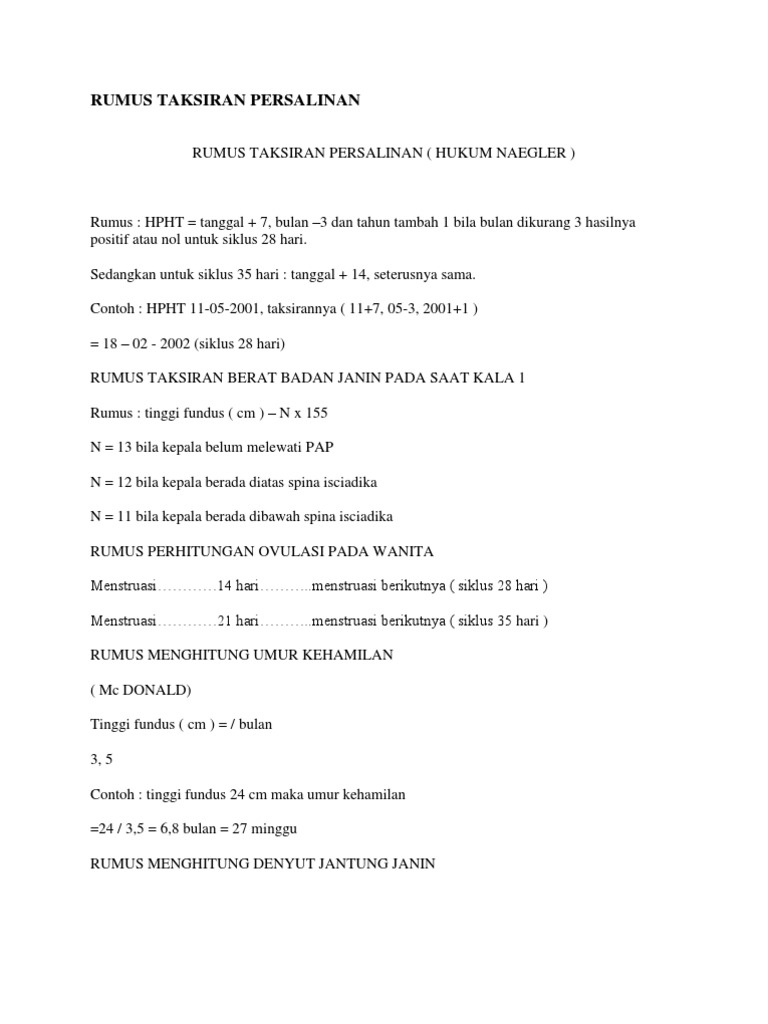 Rumus Taksiran Persalinan