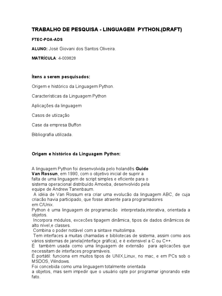 Trabalho de Pesquisa Python-Draf | PDF | Python (linguagem de ...