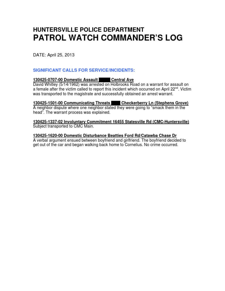 Huntersville Police Log: April 25, 2013 | PDF | Politics | Law