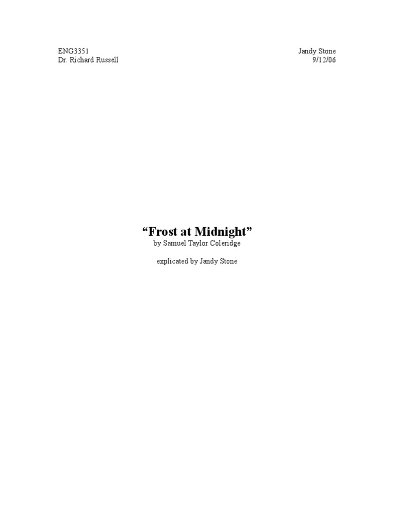 Poetry Explication Frost at Midnight PDF Samuel Taylor Coleridge